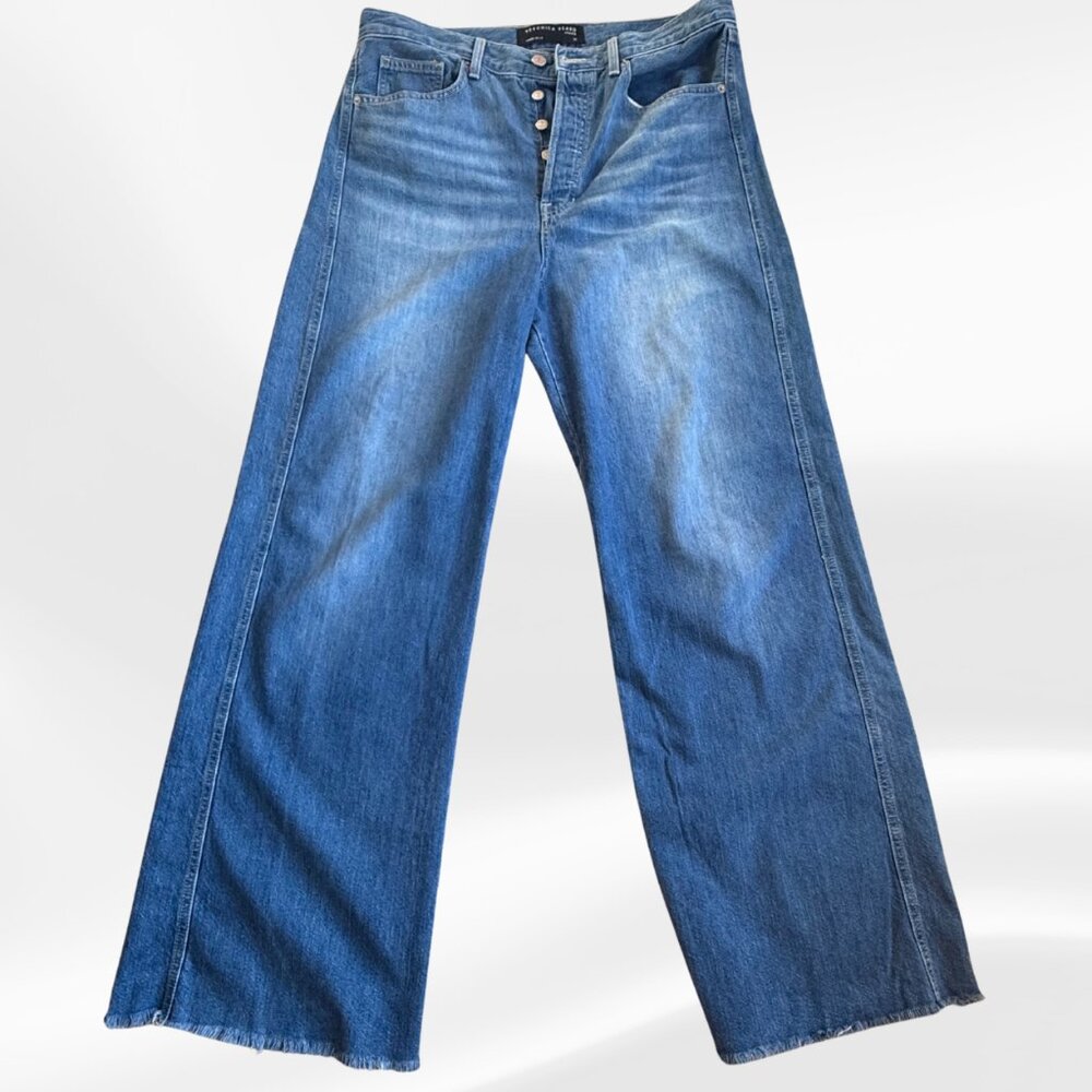 Veronica Beard Wide Leg Jeans 31 Lakeshore Wash Raw Hem Button Fly USA Made